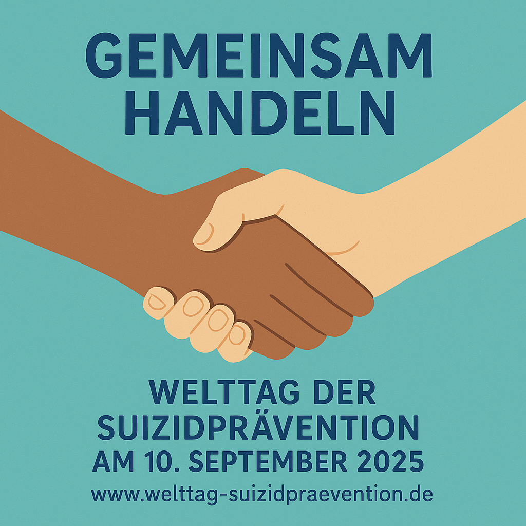 Zwei Hände unterschiedlicher Hautfarbe schütteln sich, darüber der Text 'GEMEINSAM HANDELN', darunter Informationen zum Welttag der Suizidprävention am 10. September 2025.